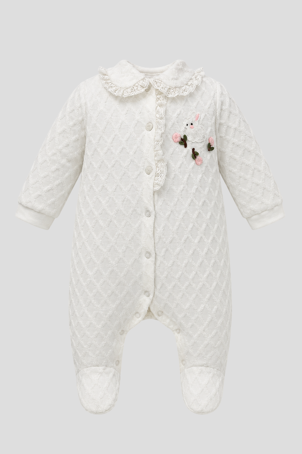 Delicate Milky Overall with laces and bunny applique for baby girl