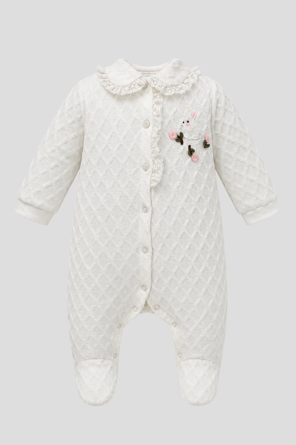 Delicate Milky Overall with laces and bunny applique for baby girl
