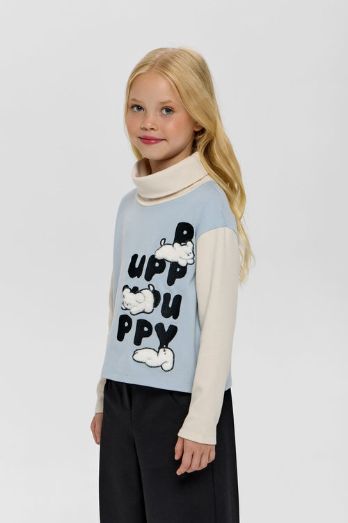 Blue and Ivory Puppy Appliqué Turtleneck