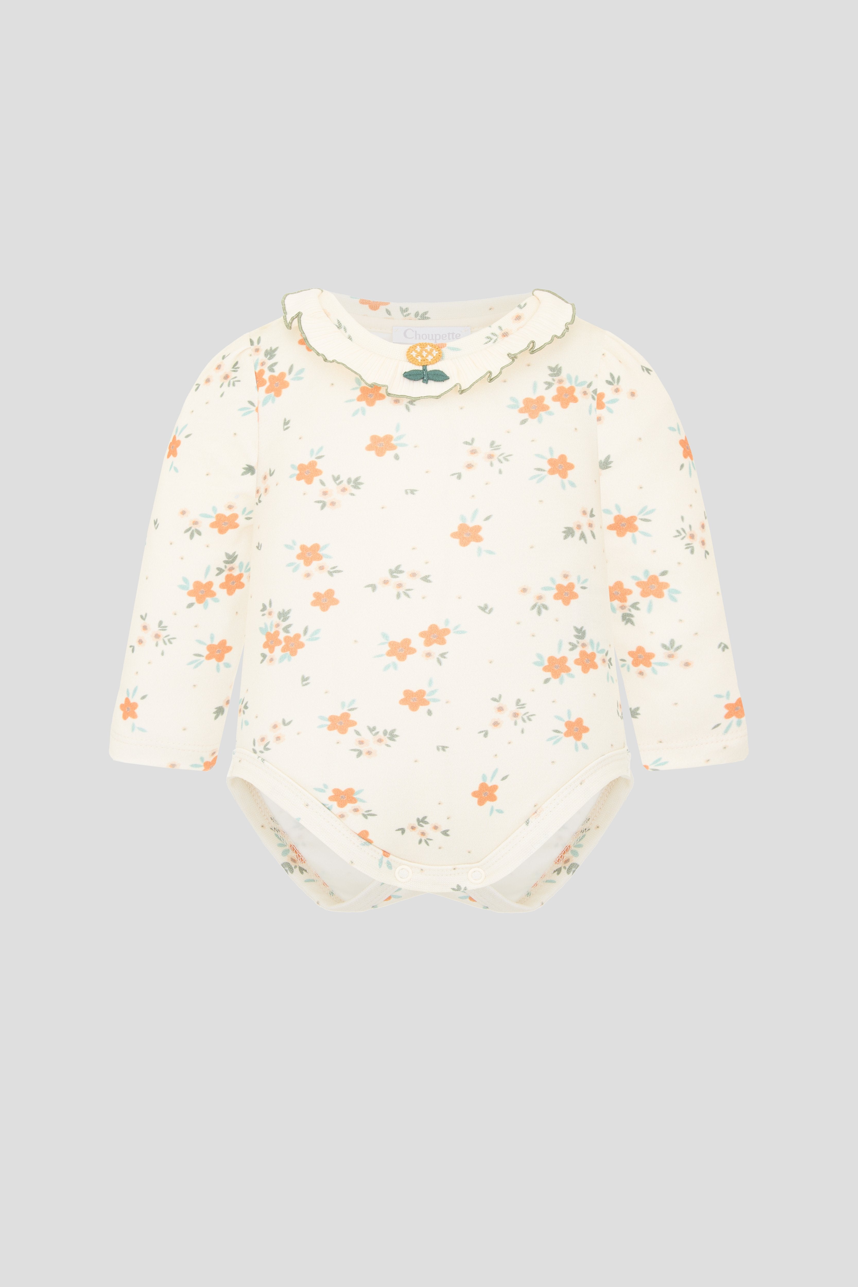 AOP bodysuit; footed pants; bonnet