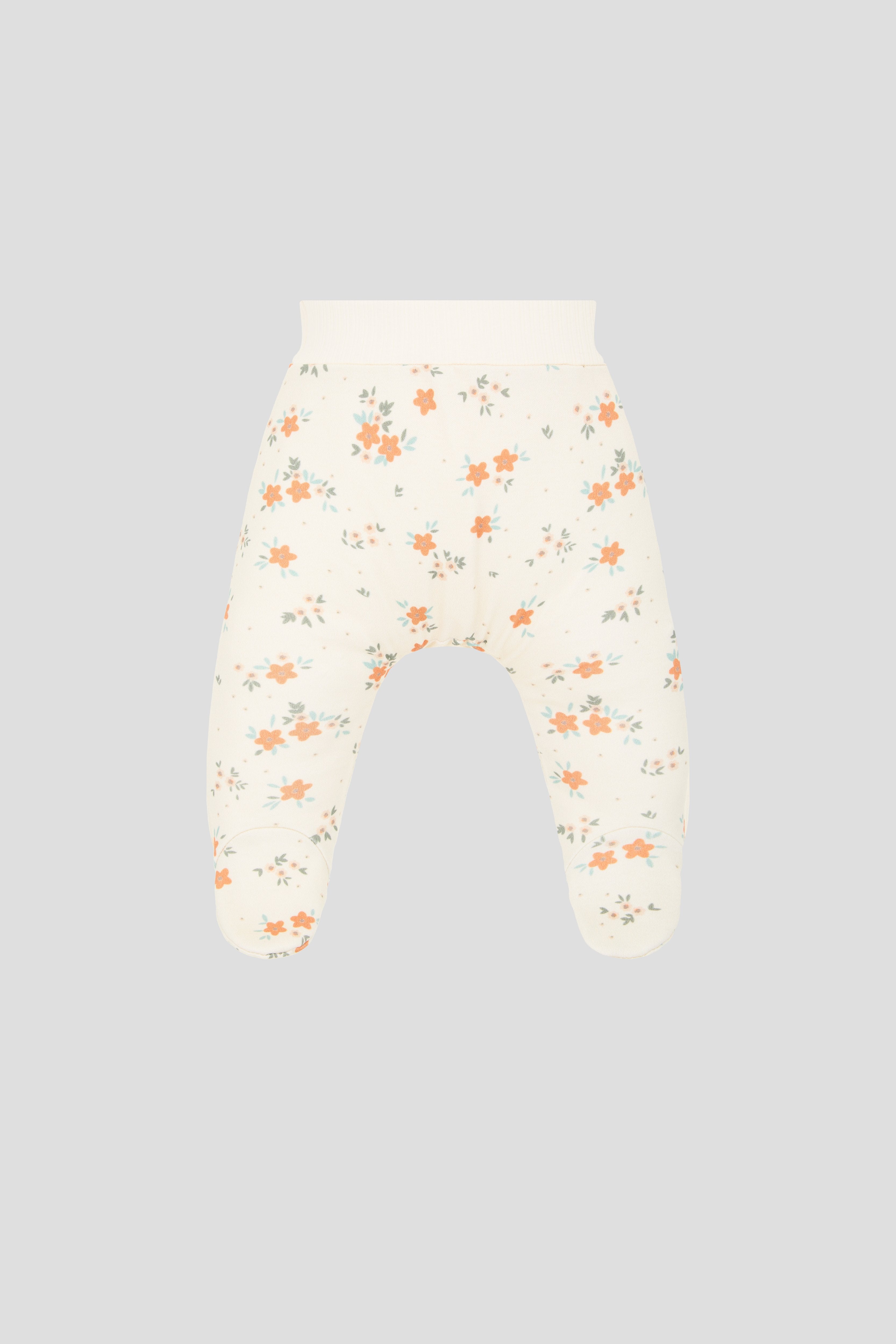 AOP bodysuit; footed pants; bonnet