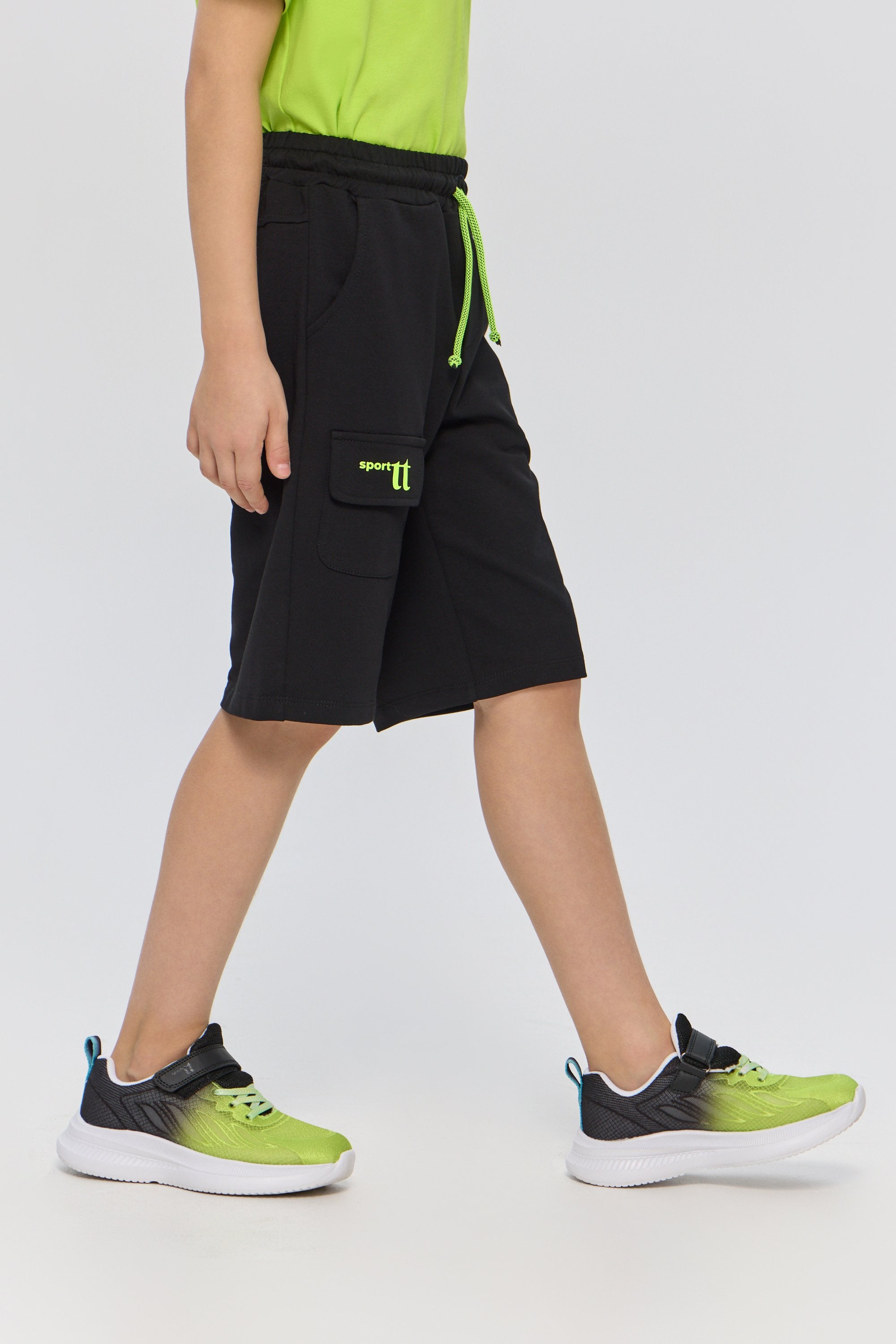 Black with Green Logo Sports Shorts