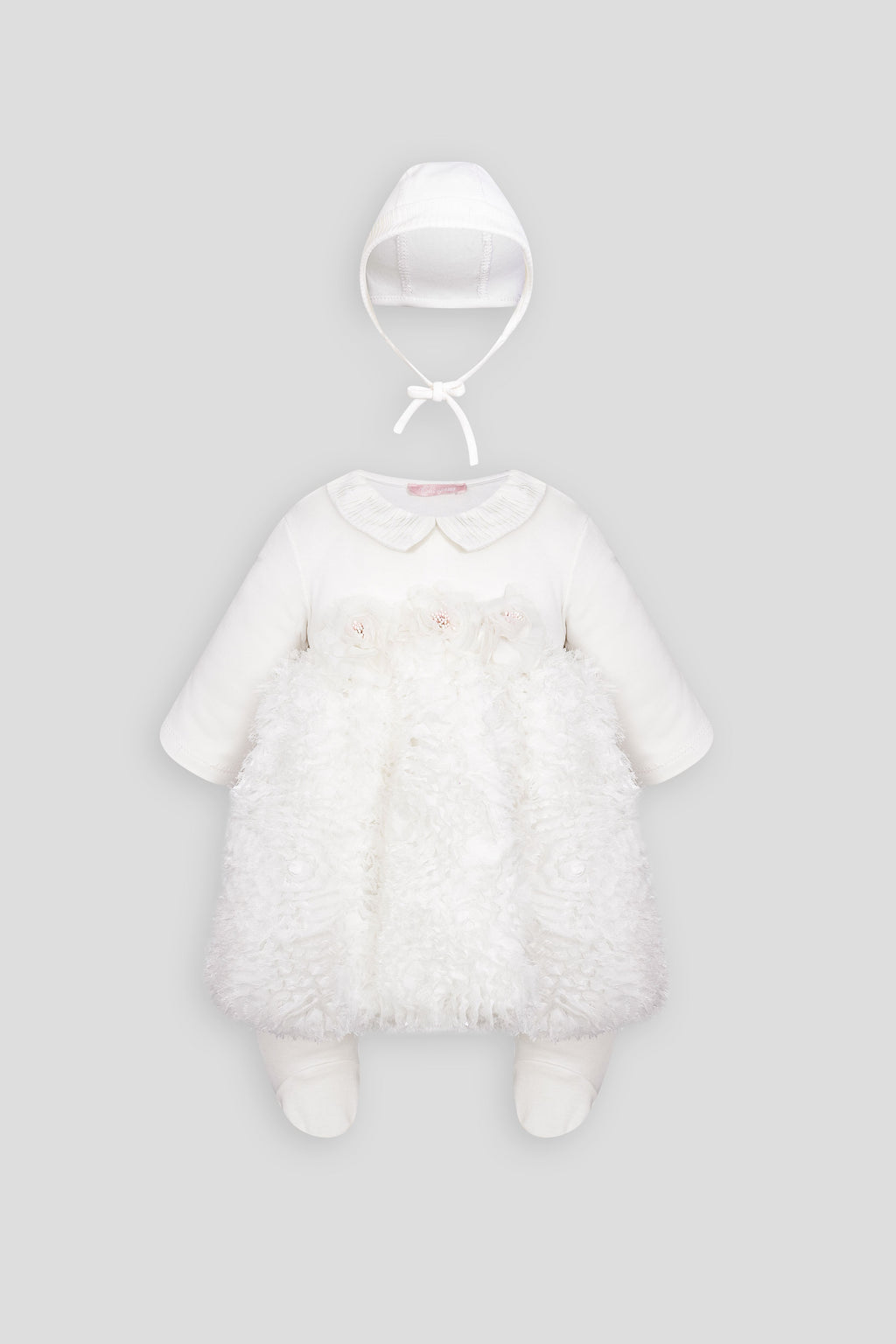 Dress set (overall, bonnet) with lace and fluffy skirt