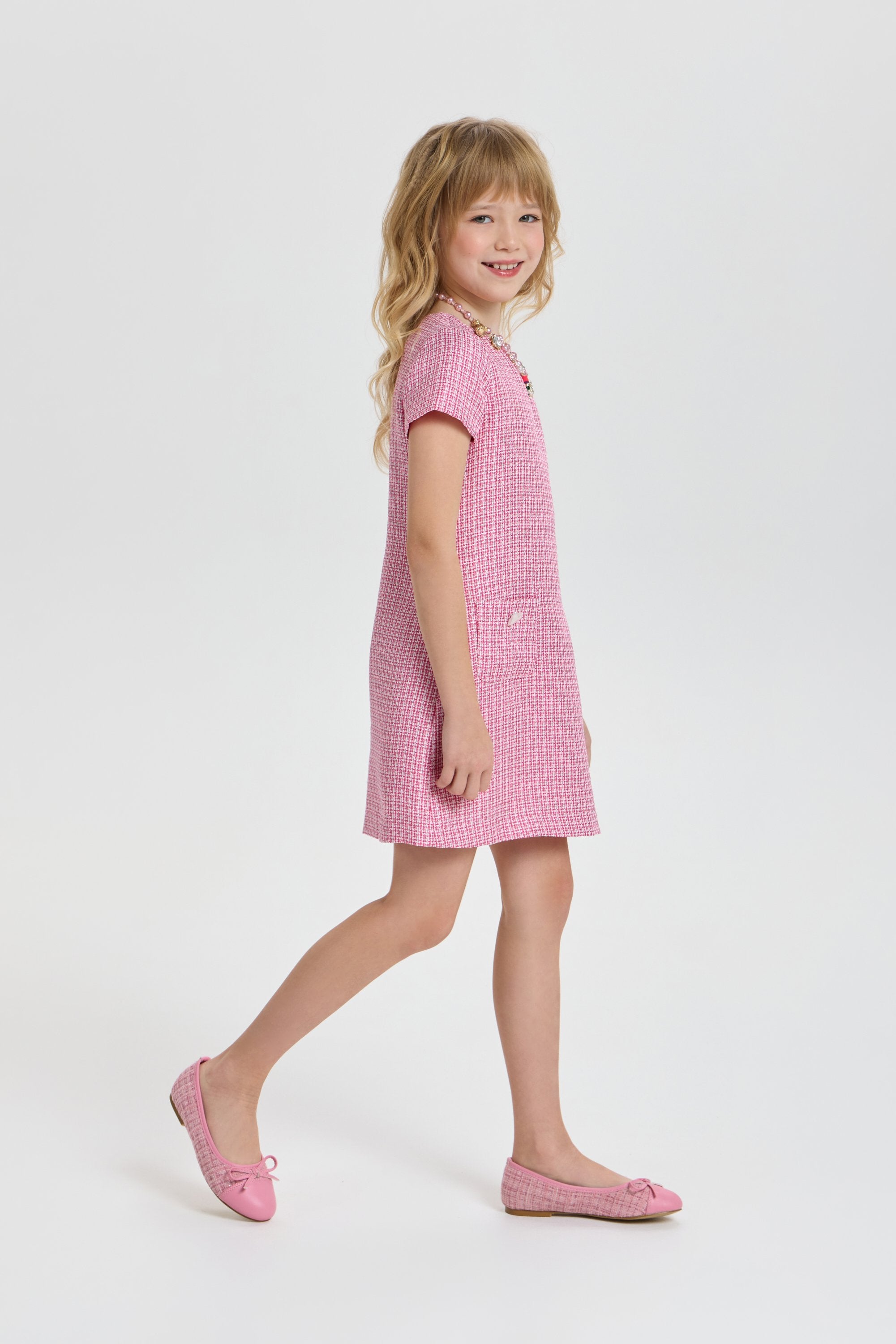 Stylish Tweed Dress with Beautiful Necklace