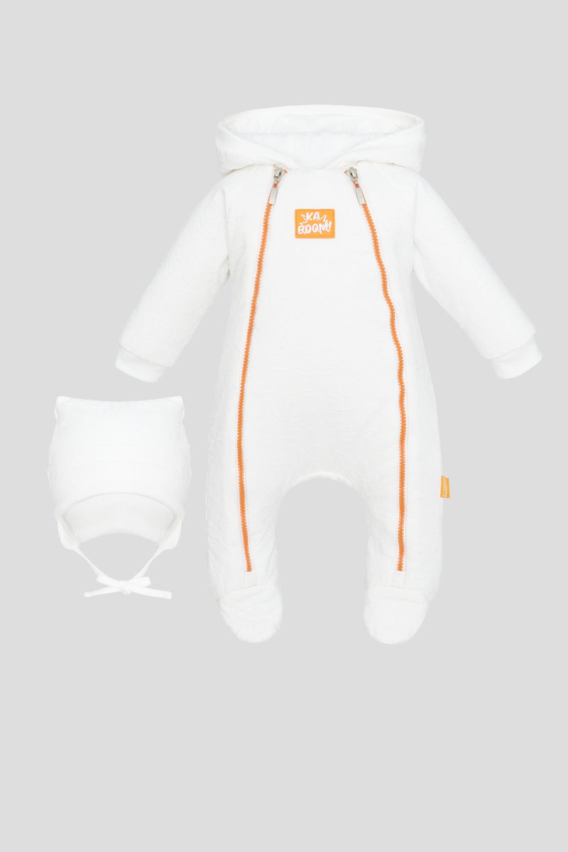 Warmed Footer Overalls with Hood and Cap, ecru