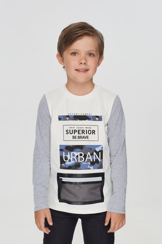 Combined Decorated Pocket LS Tee, ecru and grey
