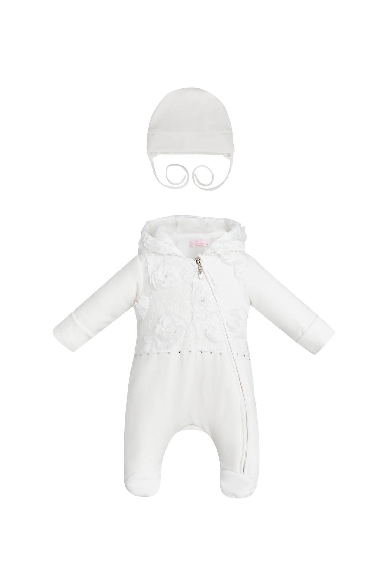 Lace Decorated Warmed Pramsuit and Bonnet Set