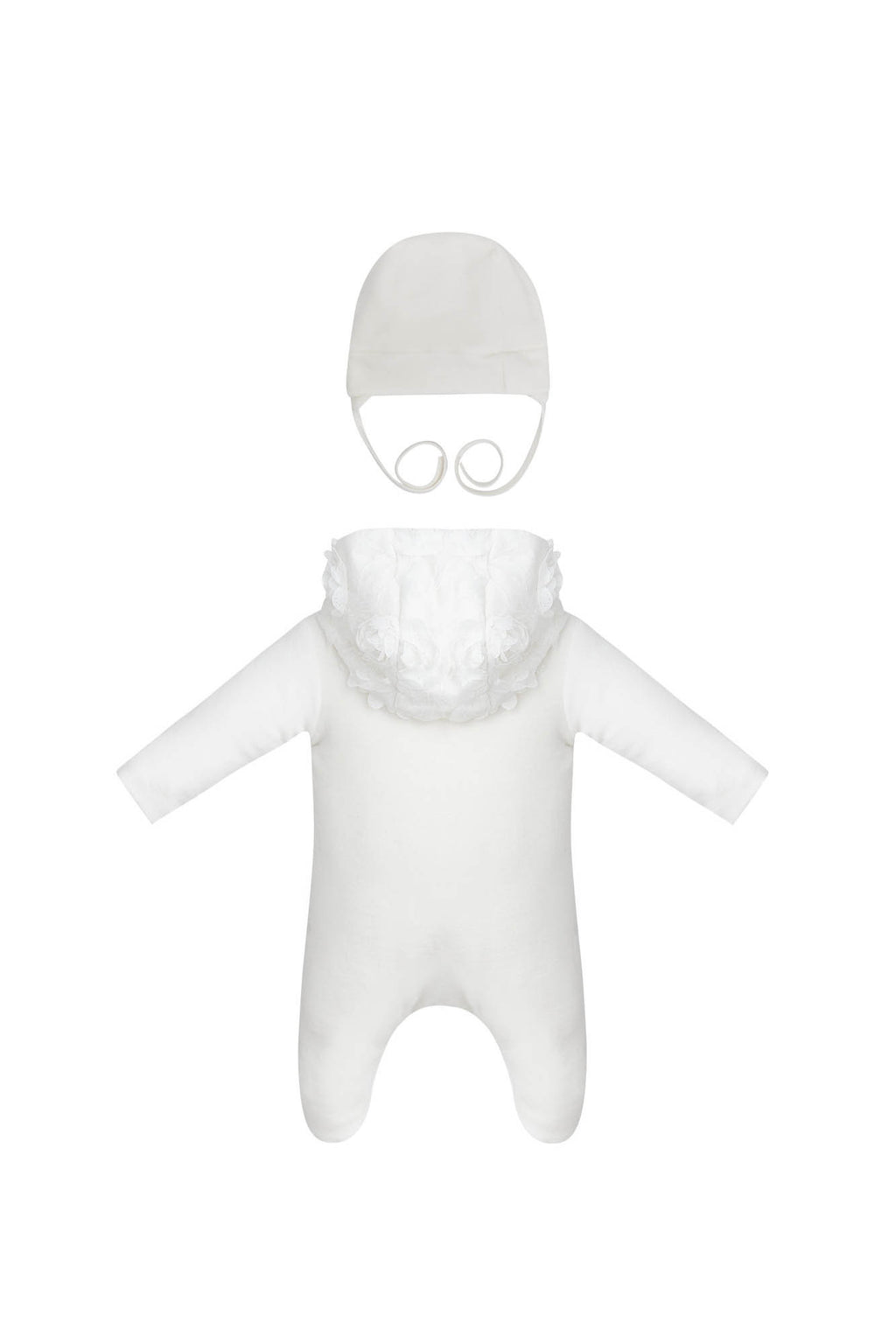 Lace Decorated Warmed Pramsuit and Bonnet Set