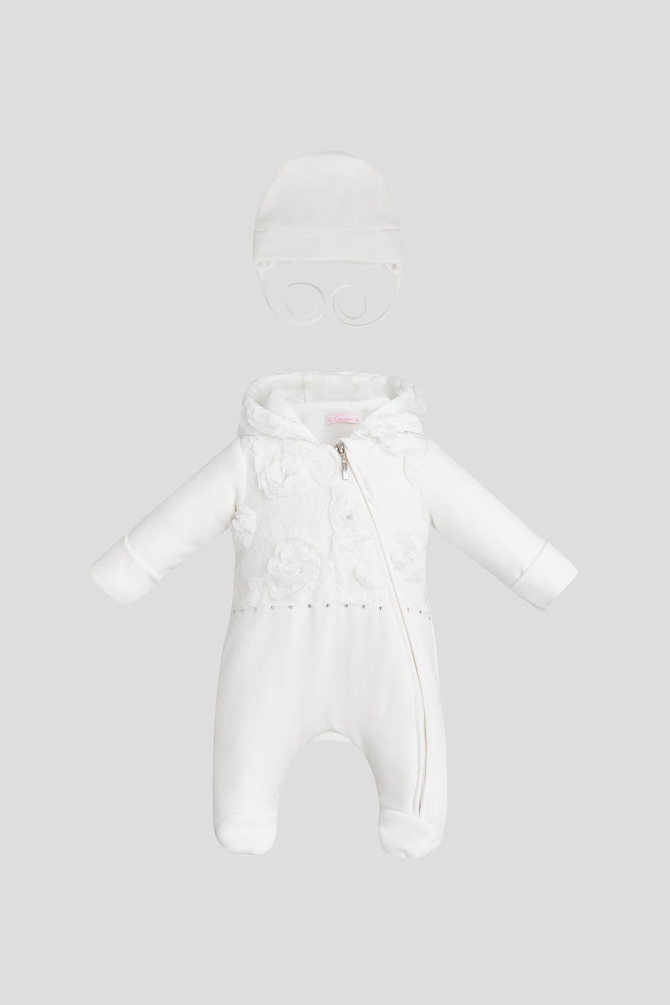 Lace Decorated Warmed Pramsuit and Bonnet Set