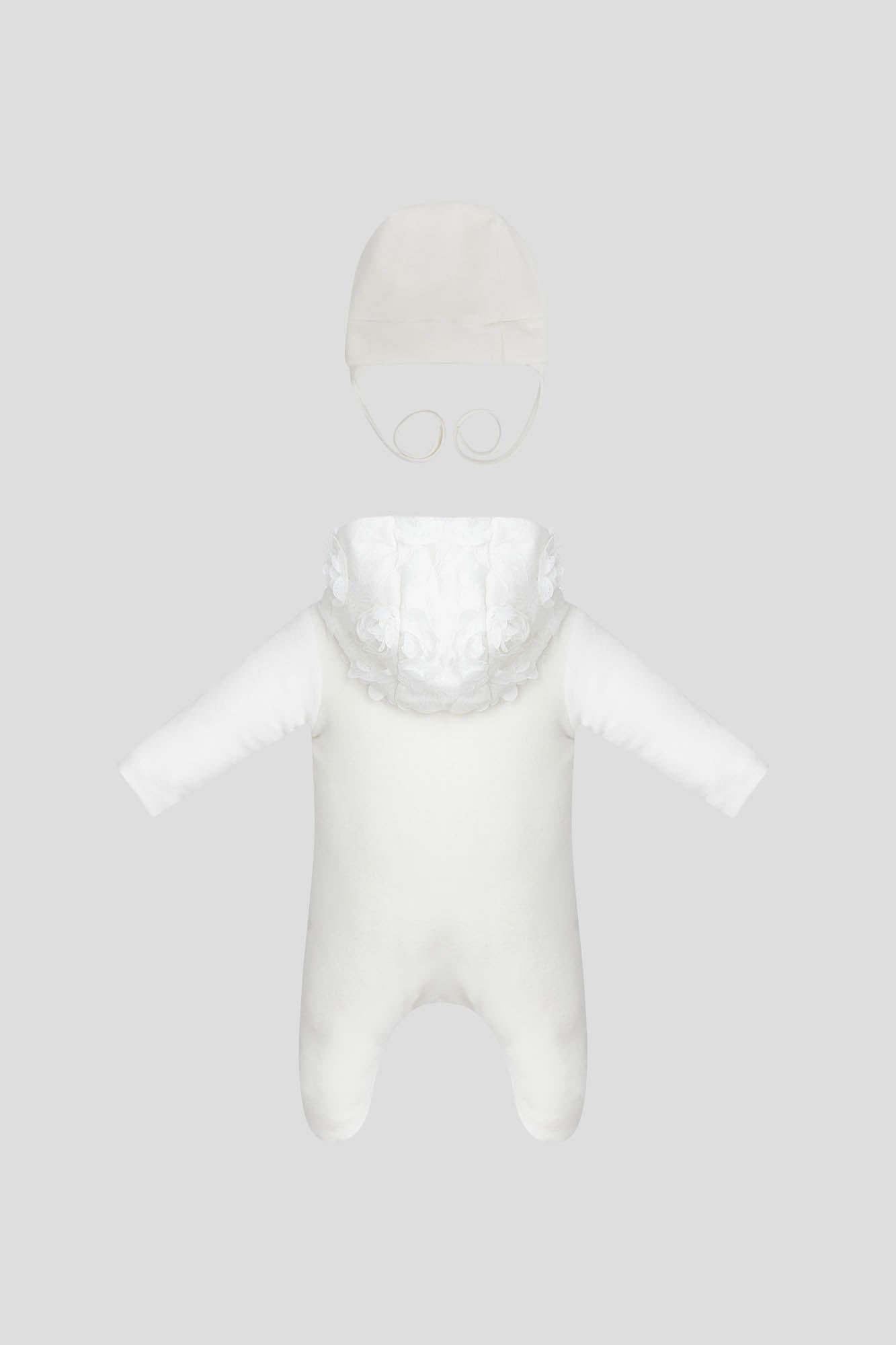 Lace Decorated Warmed Pramsuit and Bonnet Set