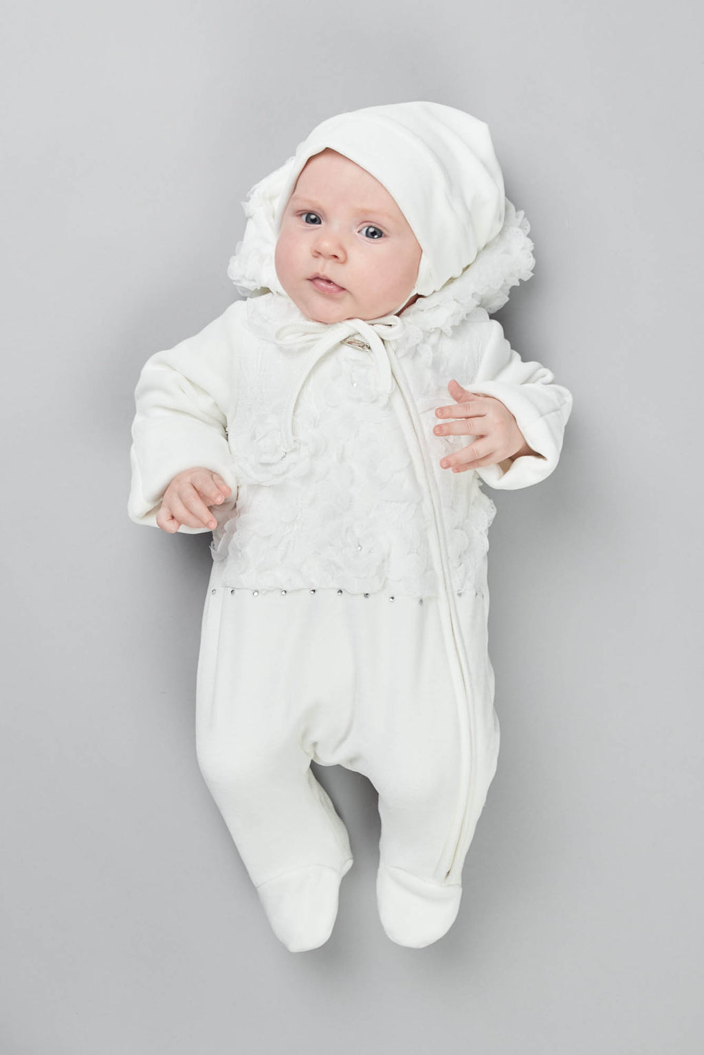 Lace Decorated Warmed Pramsuit and Bonnet Set