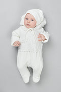 Lace Decorated Warmed Pramsuit and Bonnet Set