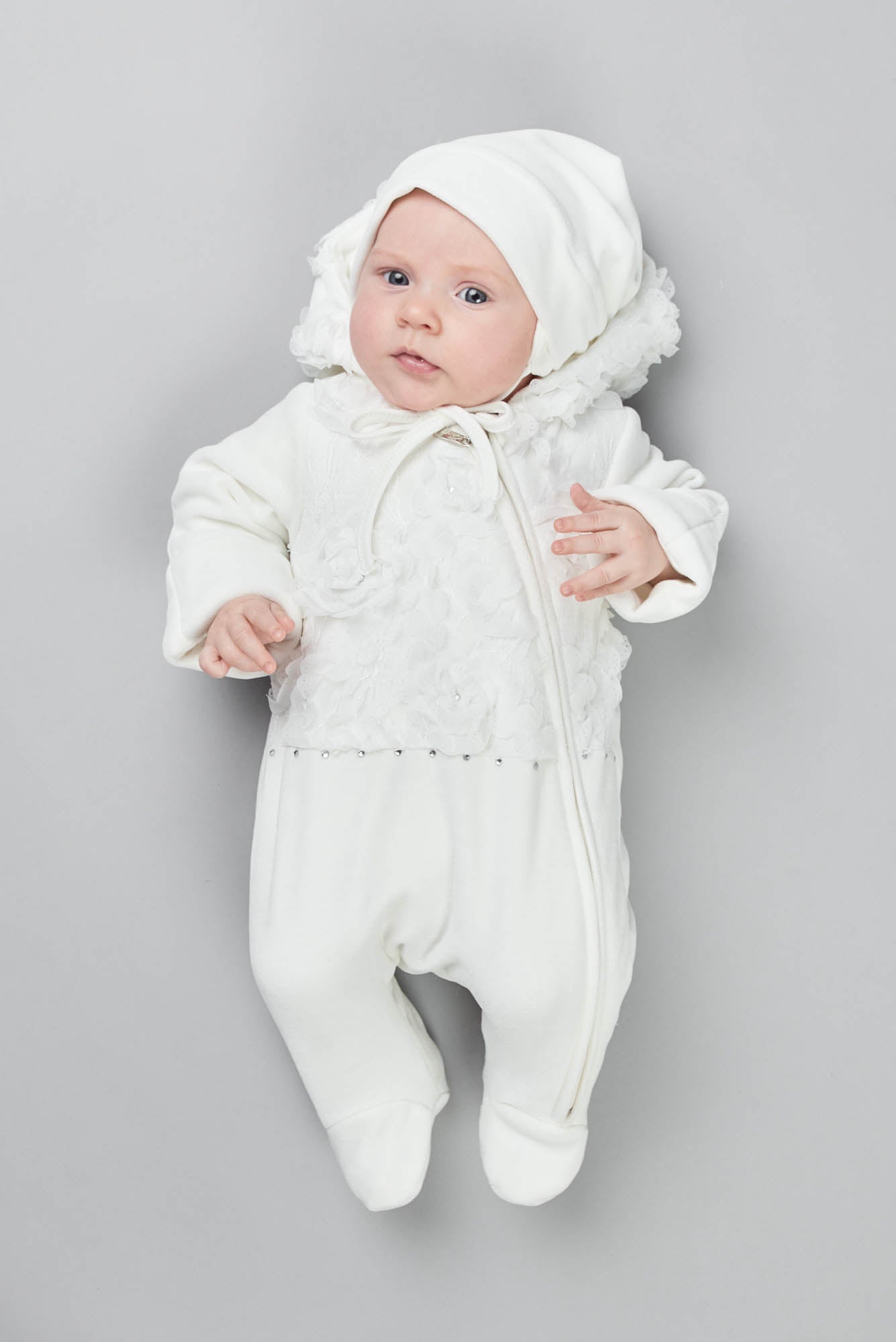 Lace Decorated Warmed Pramsuit and Bonnet Set