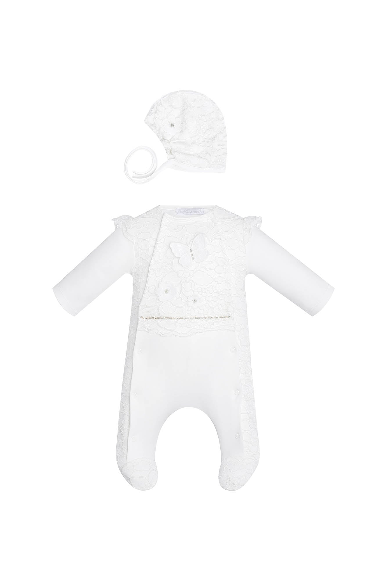 Lace Decorated Overall and Bonnet Set ,ecru