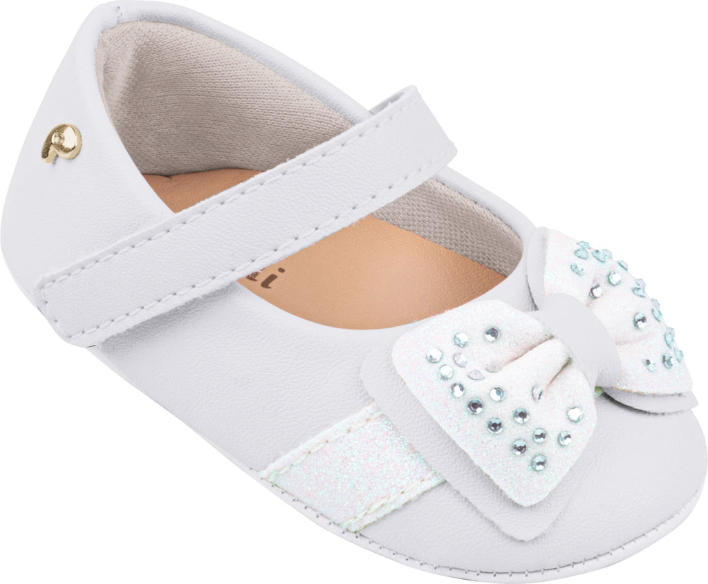 White booties with bow with crystals