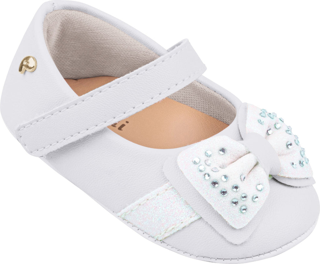 White booties with bow with crystals