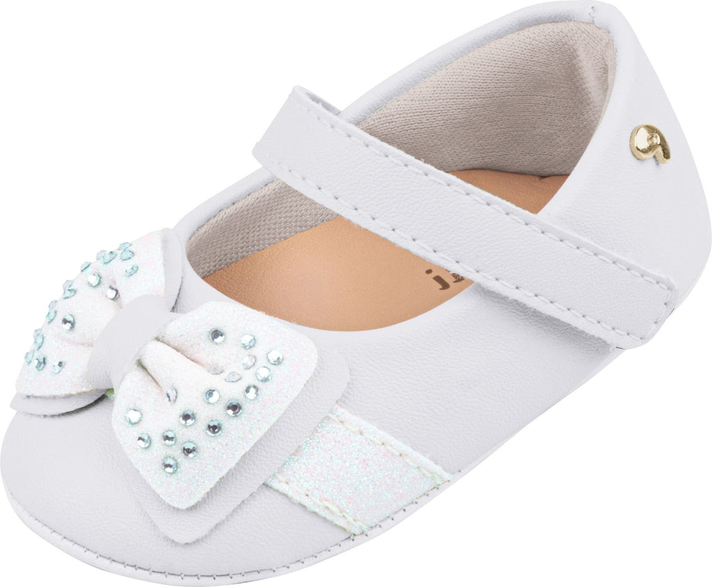White booties with bow with crystals