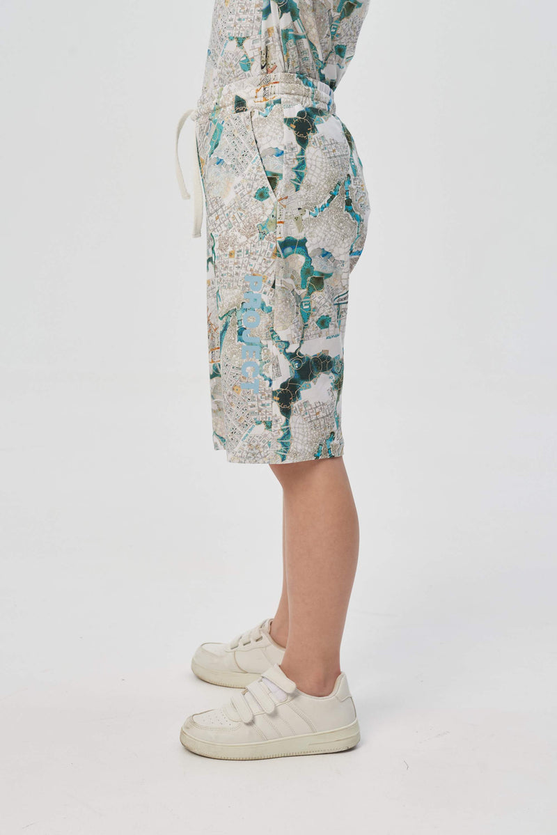 Extended shorts with a proprietary print